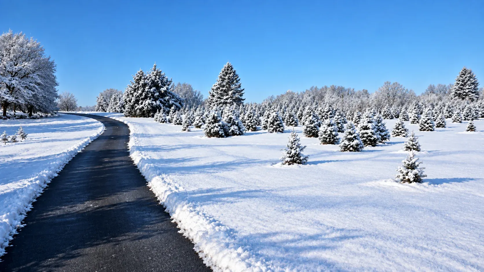 Snow-covered Christmas trees beside a winding lane on a clear winter day